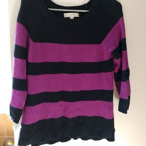 Loft Medium Magenta Navy Striped Sweater Knit